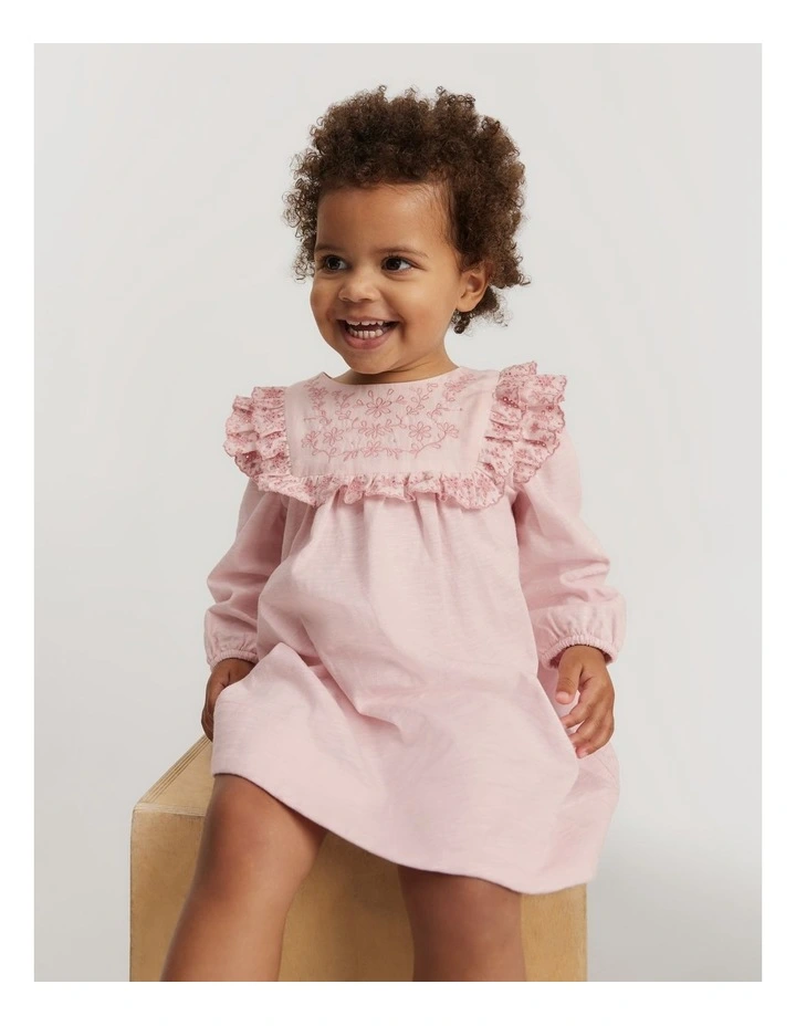 Organically Grown Cotton Embroidered Frill Dress in Mineral Pink