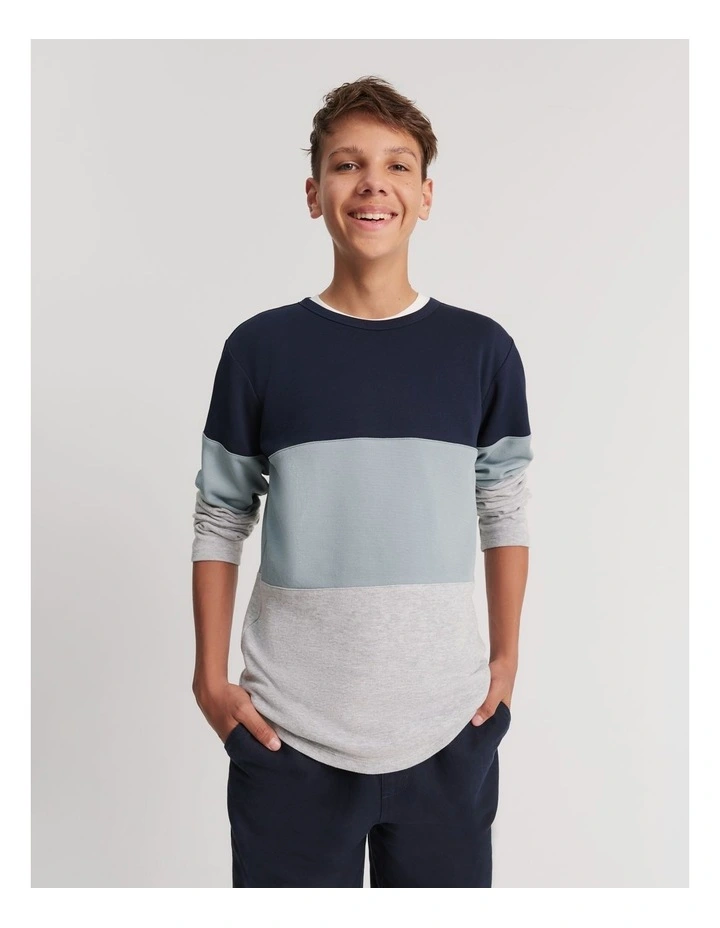 Recycled Cotton Blend Block Stripe T-shirt in Navy