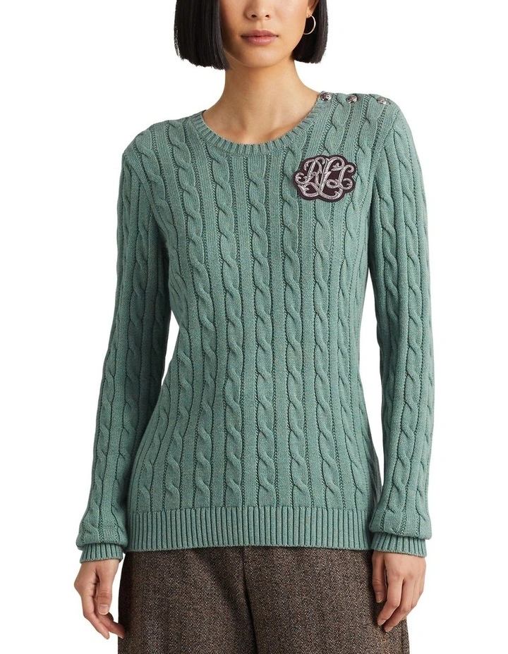 Button Trim Cable Knit Sweater in Green