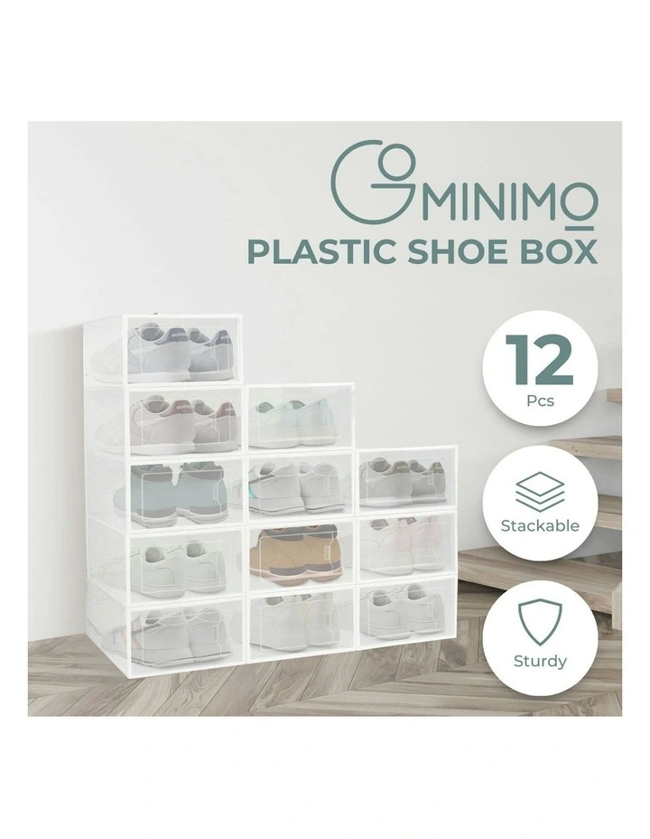 Plastic Shoe Box Stackable Thick Medium Size 12 Pieces in Transparent White