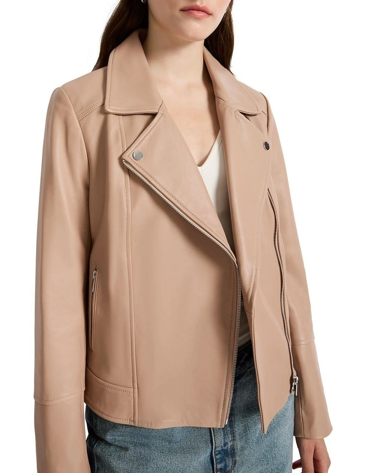 Bella Leather Biker Jacket in Fawn