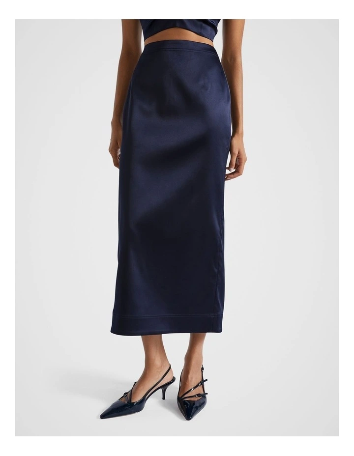 Satin Midi Column Skirt in Midnight Sky