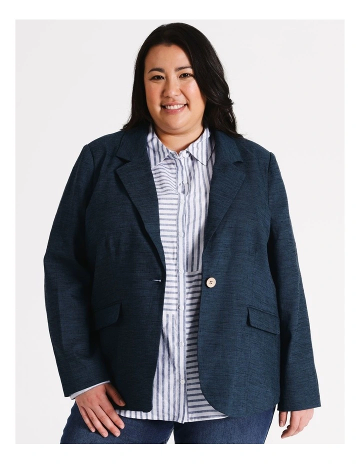 European Linen Blend Lined Button Front Blazer in Navy/Blues Crossdye