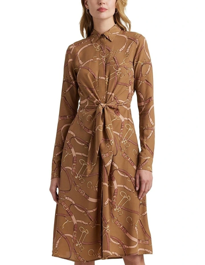 Belting-Print Tie-Front Crepe Shirtdress in Beige
