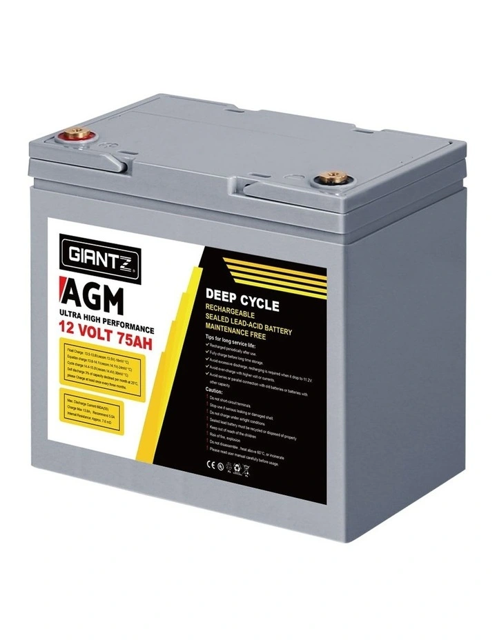 AGM Deep Cycle Battery 12V 75Ah Box Portable Solar Caravan Camping