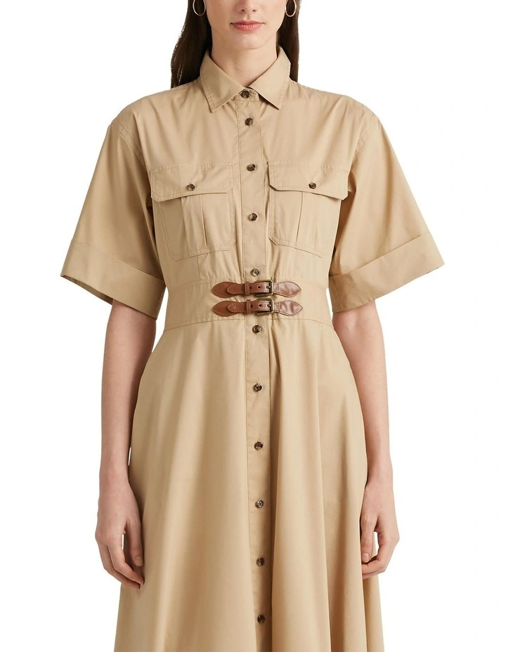 Buckle-Trim Cotton-Blend Shirt Dress in Beige