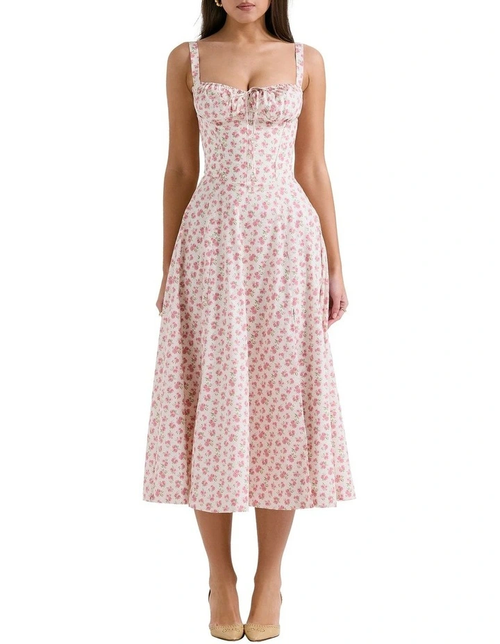 Carmen Cotton Bustier Sundress in White Rosebud Print