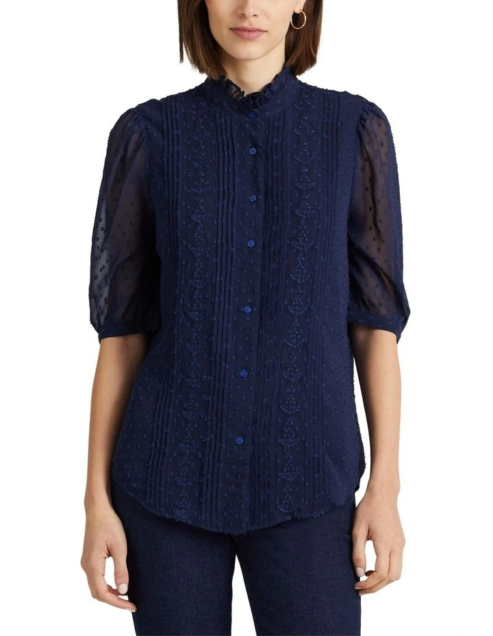 Embroidered Dobby Puff-Sleeve Shirt in Navy