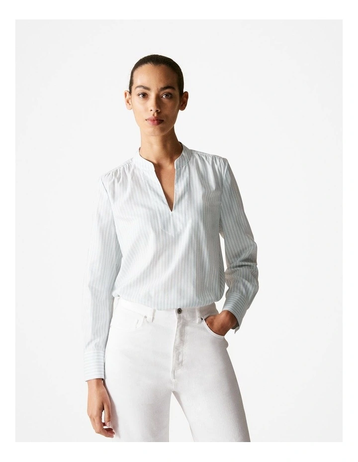 Cotton Modal Stripe Half Placket Blouse in Pale Blue