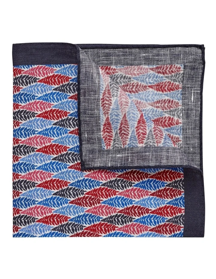 Ash Leaves Linen Pocket Square in Red/Blue