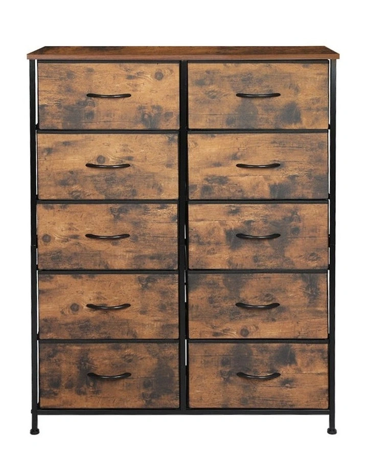 Chest of 10 Drawers Tallboy Retro Storage Cabinet in Brown