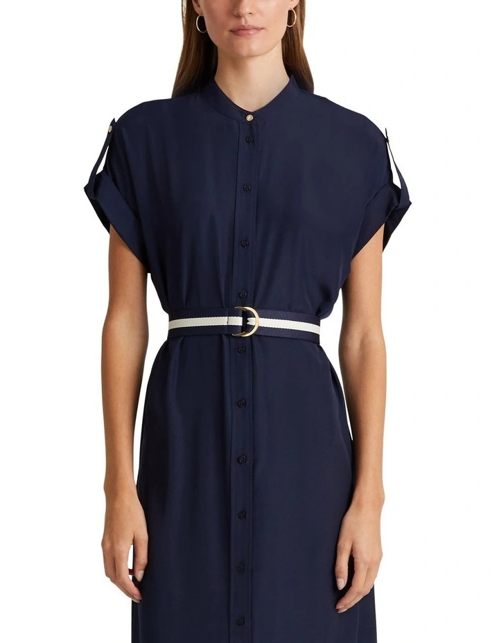 Belted Crepe Shirt Dress in Navy