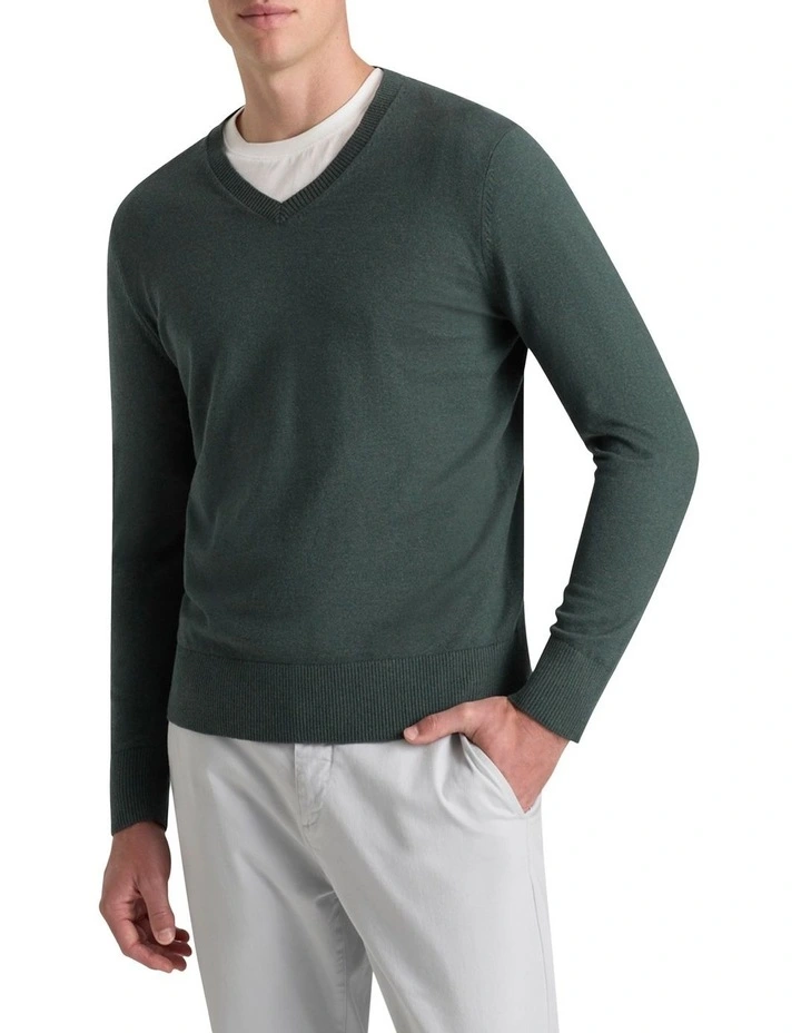 Asher Cotton Cashmere Vee Knit in Seamoss