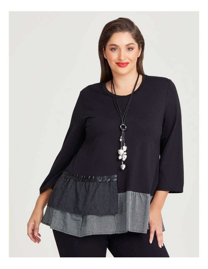 Bamboo Stripe Ruffle Lea Top in Black
