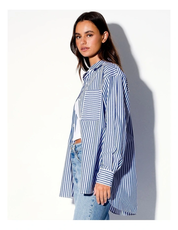 Organic Cotton Blend Striped Boyfriend Shirt in Cobalt