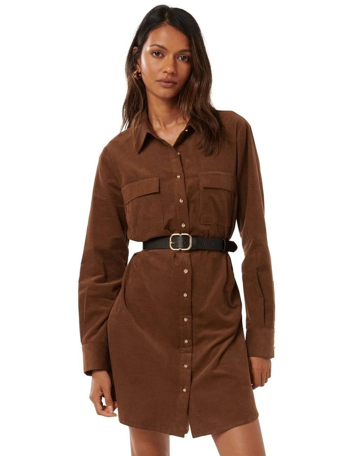 Lucie Long Sleeve Cord Mini Dress in Brown