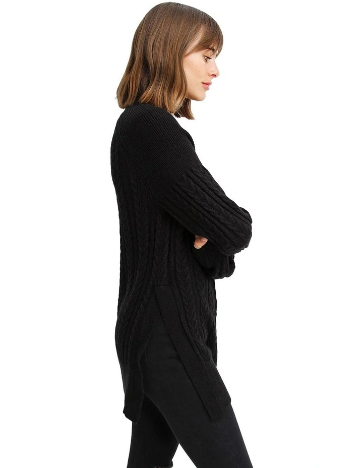 At Last Cable Knit Jumper with Slit in Black
