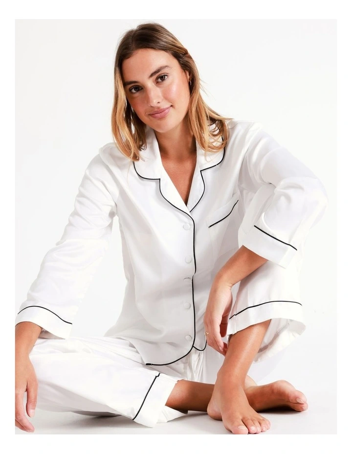 Long Sleeve Satin Pyjamas Set in Ivory