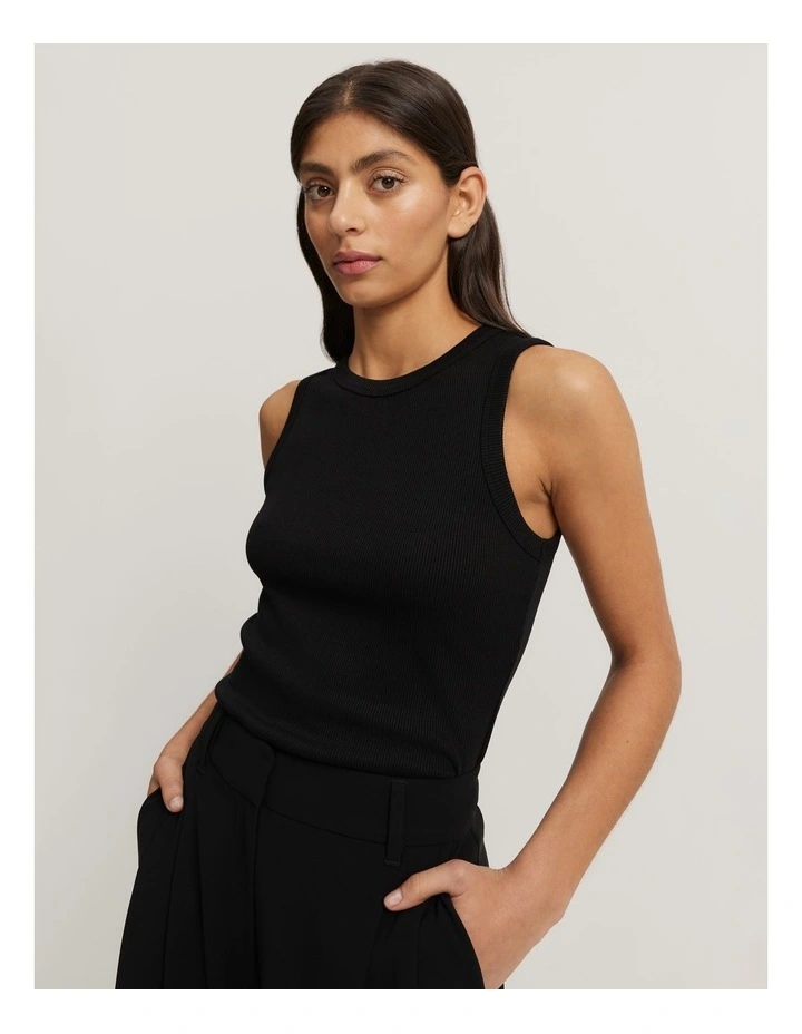 High Neck Rib Tank in Black