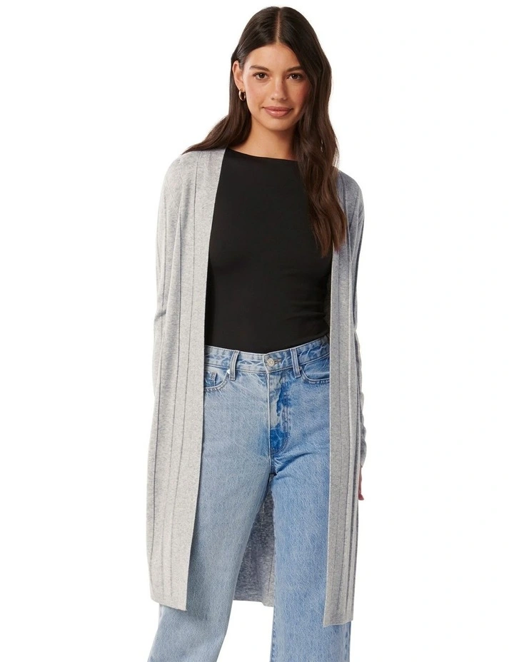 Daphne Long Line Ribbed Cardigan in Grey