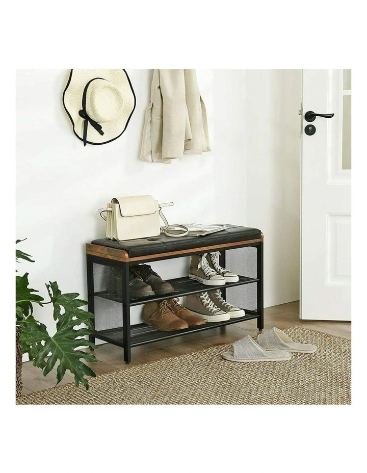 Padded Shoe Rack Bench with Mesh Shelf in Brown/Black