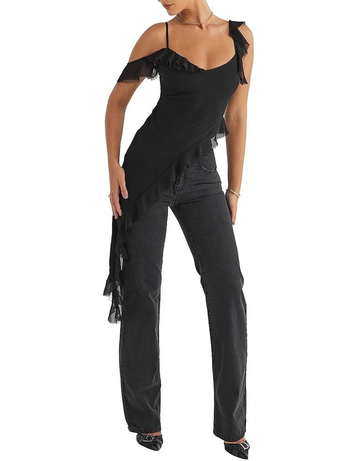 Asymmetric Ruffle Top in Black