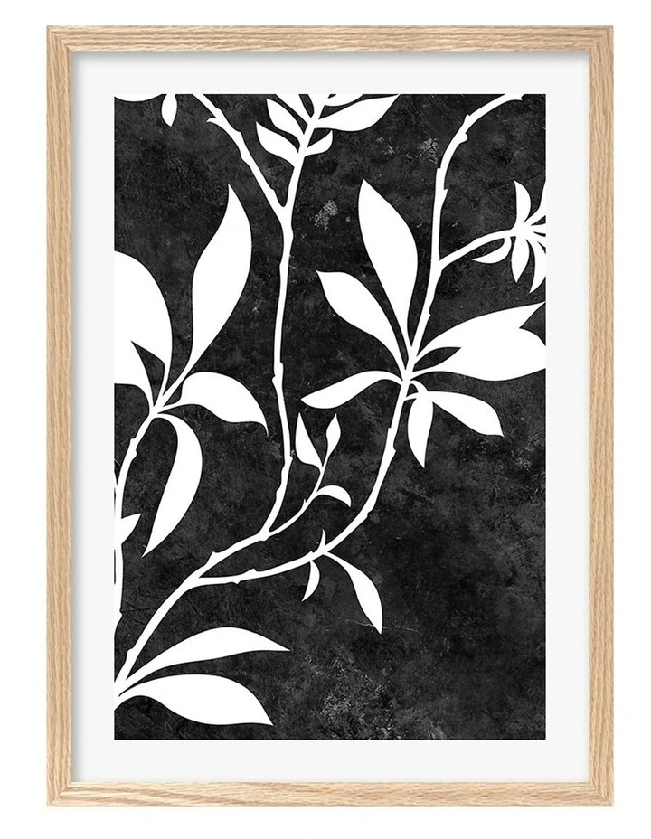 Australian Made Silhouette Branch Leaves Night Art Print A2 in Natural Frame