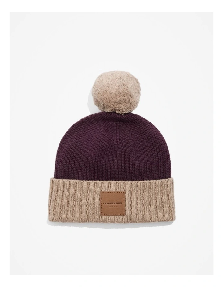 Organically Grown Cotton Blend Patch Logo Beanie in Bordeaux