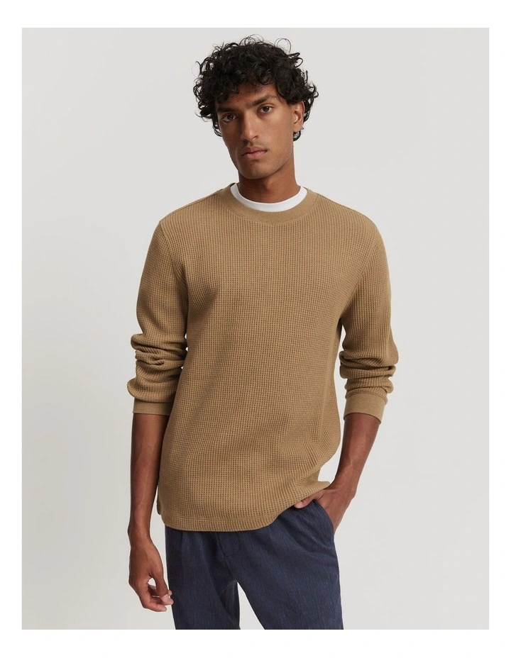 Australian Cotton Waffle Long Sleeve Crew Neck in Walnut Marle