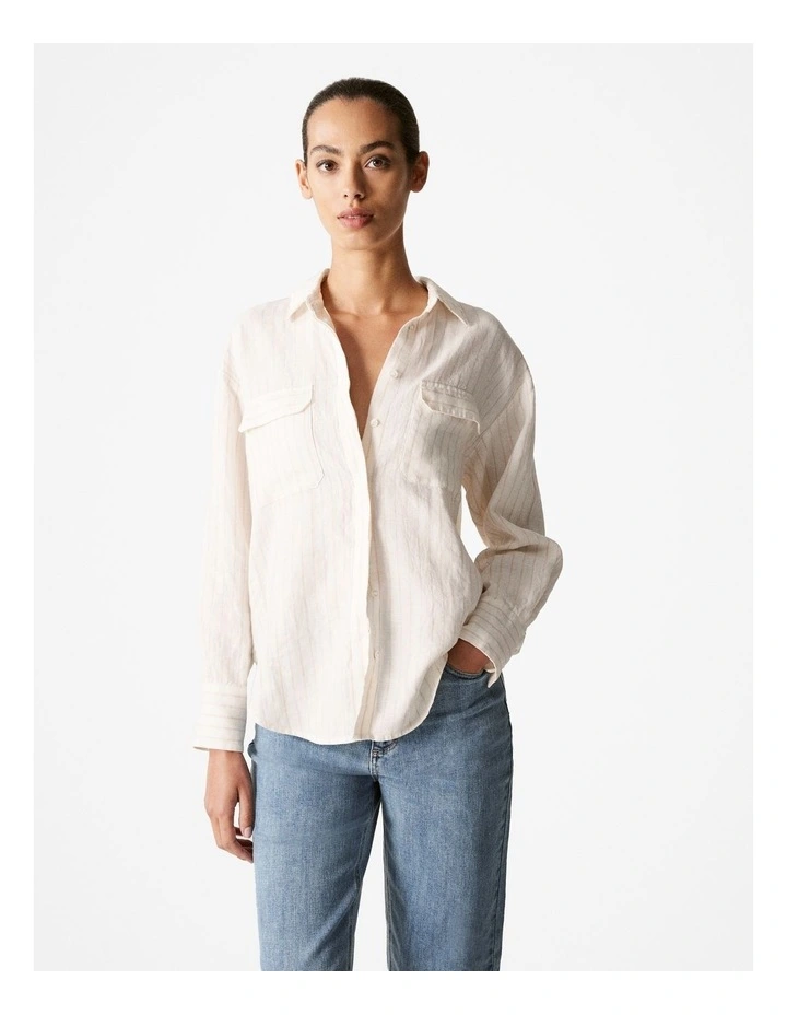 Linen Stripe Pocket Detail Shirt in Pale Pink