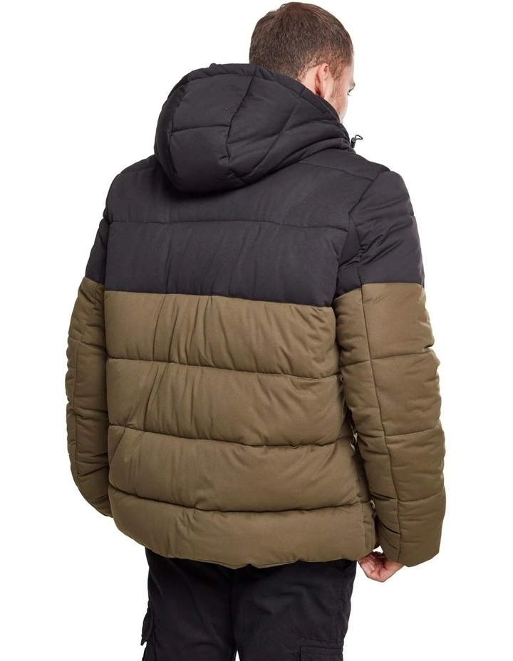 Hooded 2-Tone Puffer Jacket in Dark Olive/Black
