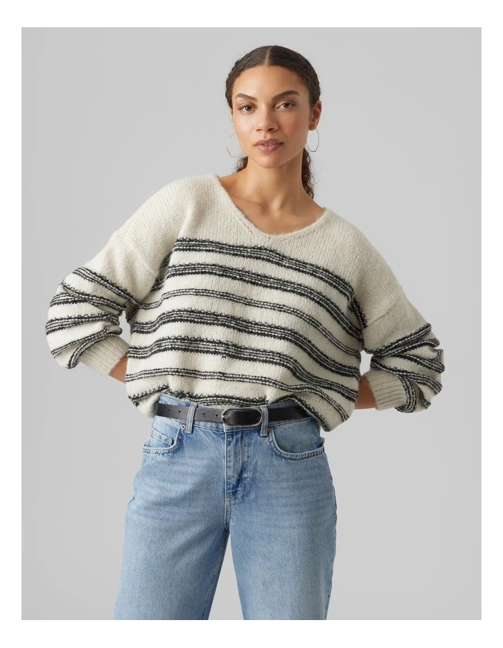 Kelli V-Neck Striped Knit in Beige