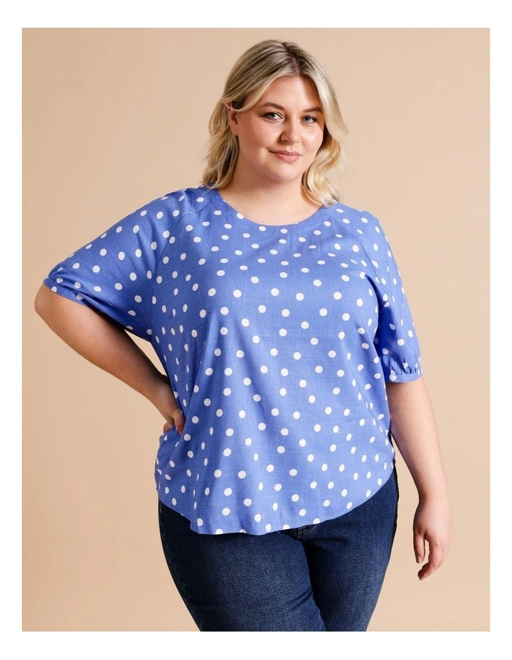 Sustainable Viscose Raglan Short Sleeve Top in Blue/ White Spot