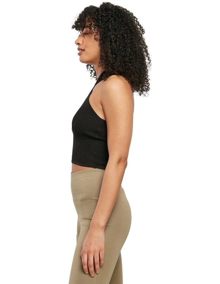 Rib Knit Crossed Neck Halter Top in Black