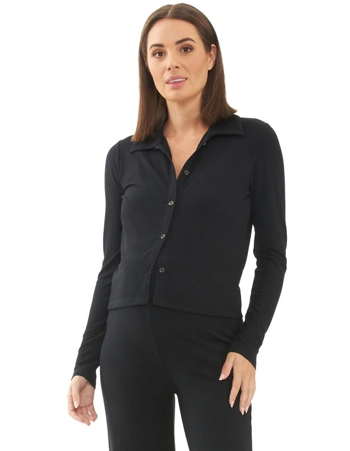 Jan Button Down Rib Top in Black