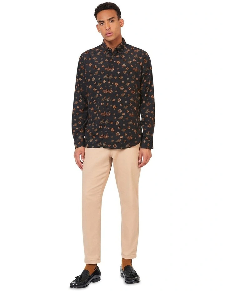 Floral Printed Corduroy Long Sleeve Shirt in Black