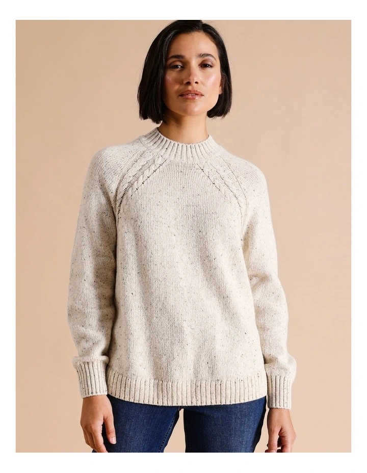 Twin Cable Armhole Jumper With Curved Hem In Ivory Fleck