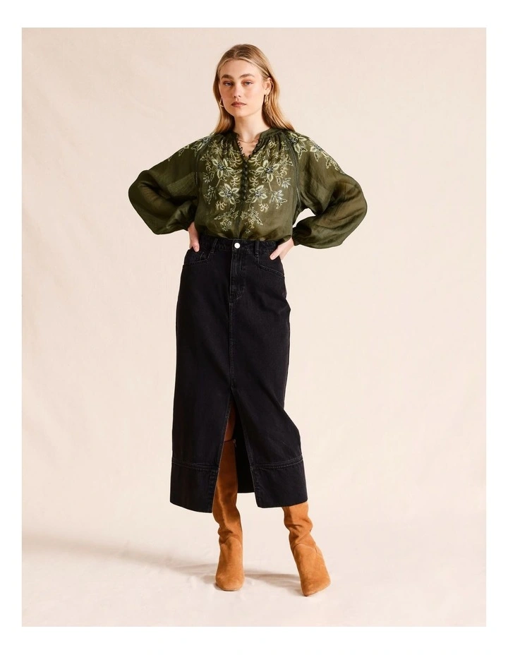 Ramie High Neck Button Blouse in Khaki