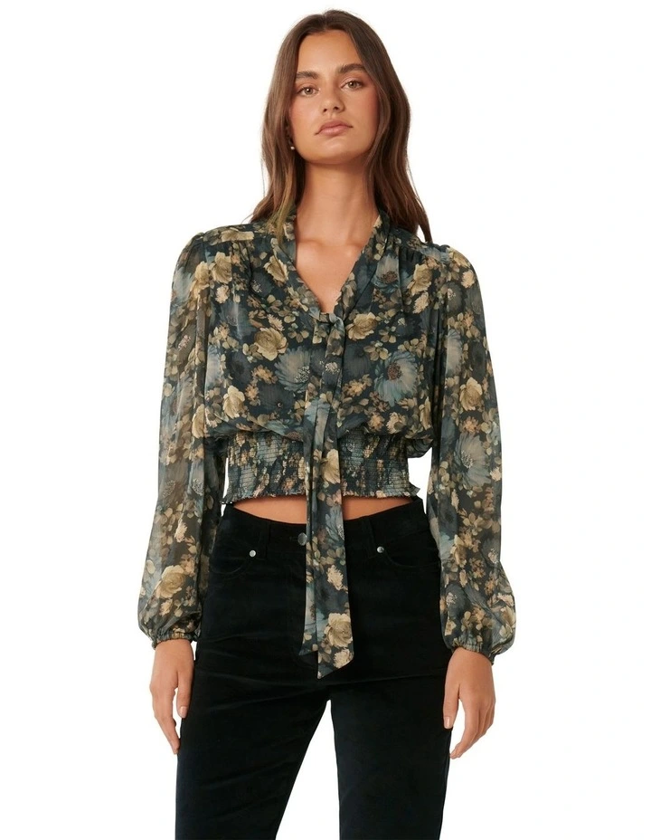 Gloria Shirred Printed Blouse in Blue Multi