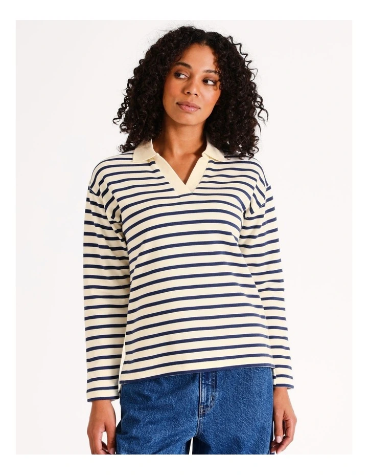 Striped Polo Sweat Top in Ivory