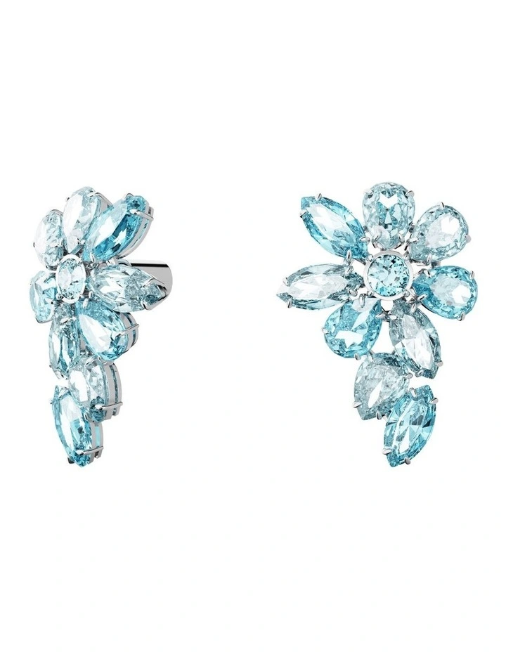 Gema Drop Earrings Mixed Cuts Flower Rhodium Plated in Blue