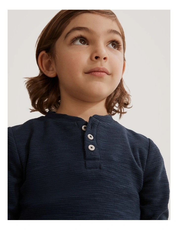 Organically Grown Cotton Slub Texture Henley Top in Navy