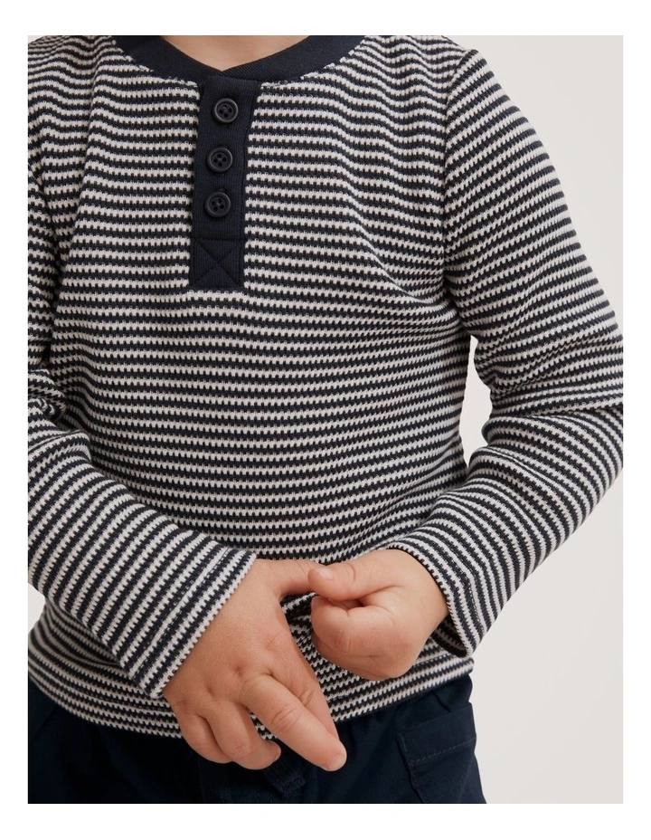 Organically Grown Cotton Stripe Waffle Henley in Navy
