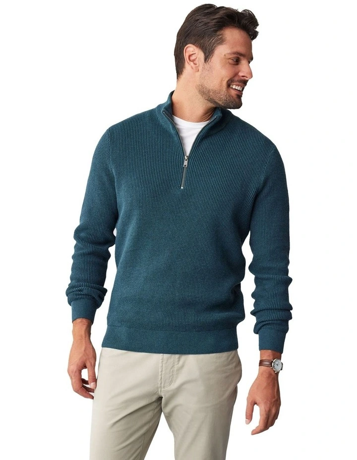 Waffle Half Zip Knit in Forest