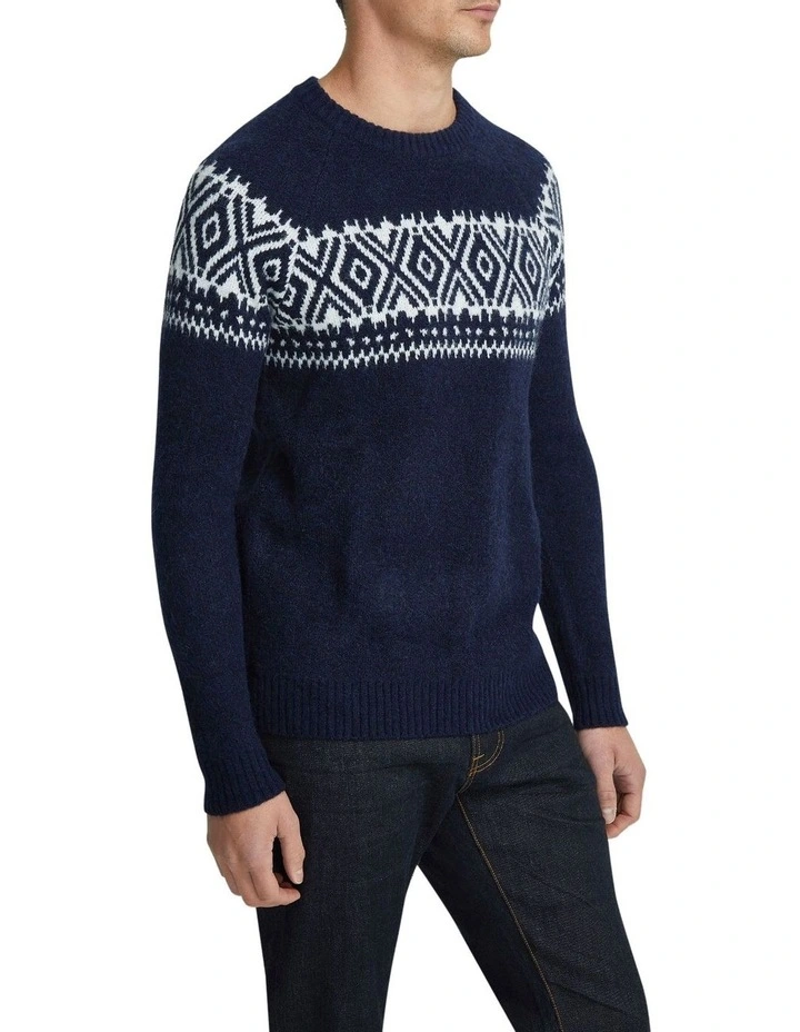 Lachie Patterned Crew Neck Knit Top in Navy