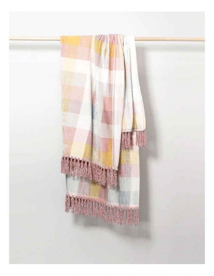 Chenille Fringe Blanket in Pink Check