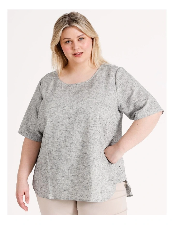 European Linen Blend Short Sleeve Top in Black/White/Lurex Crossdye