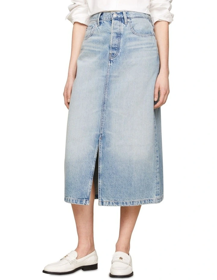 High Rise Straight Faded Denim Midi Skirt in Blue