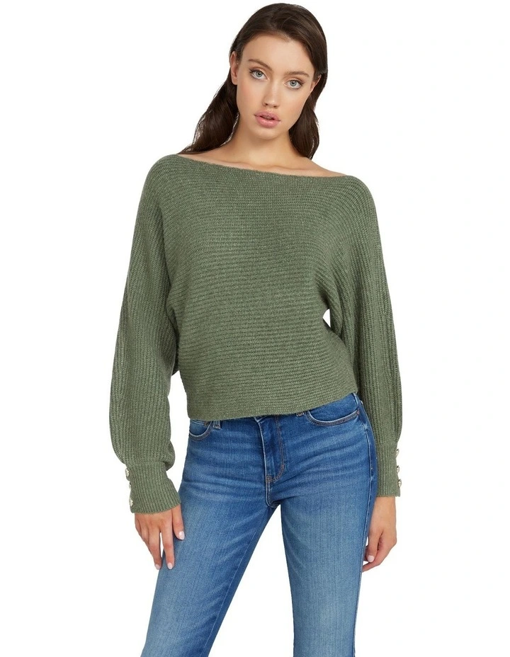 Long Sleeve Button Cuff Isadora Sweater in Lichen Leaf Green He