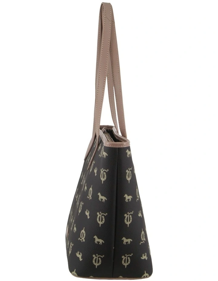 Canvas Print Leather Trim Tote Bag in Black